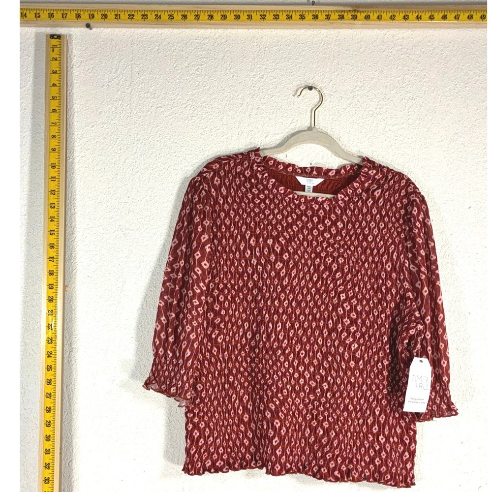 Time and Tru Smocked Mesh Top XXXL 22‎ Warped Ikat Rusty Bronze 3/4 Sleeve NEW